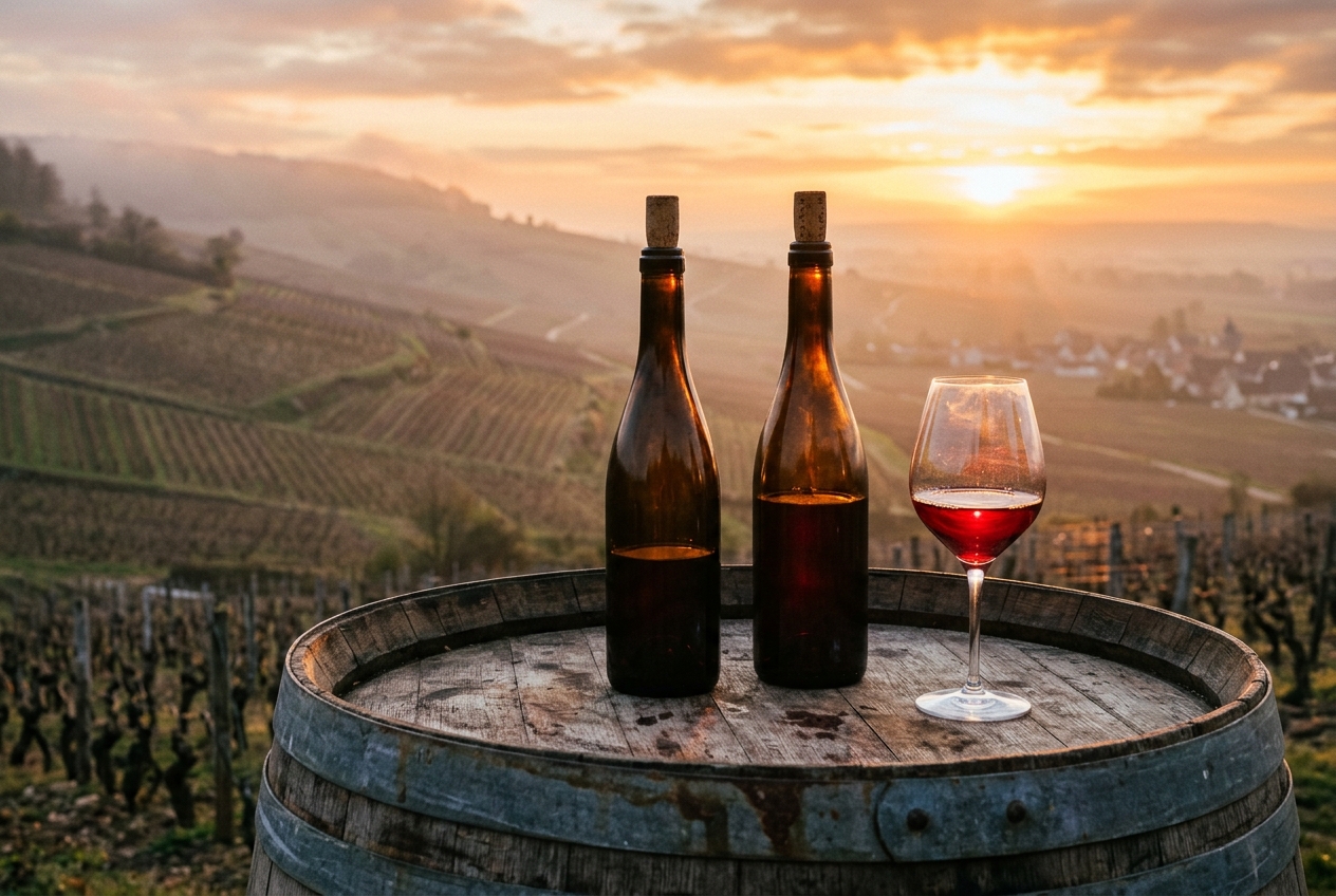 Unlabelled amber natural wine bottle and crystal glass on French oak barrel at sunset